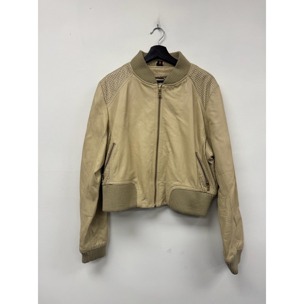 Knoles & Carter Jacket Womens‎ L/XL Beige Leather Bomber Full Zip Ribbed Lined